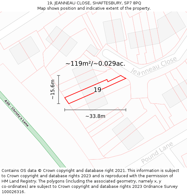 19, JEANNEAU CLOSE, SHAFTESBURY, SP7 8PQ: Plot and title map