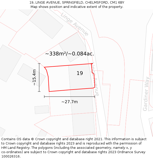 19, LINGE AVENUE, SPRINGFIELD, CHELMSFORD, CM1 6BY: Plot and title map