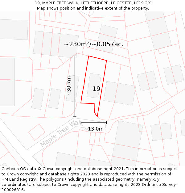 19, MAPLE TREE WALK, LITTLETHORPE, LEICESTER, LE19 2JX: Plot and title map