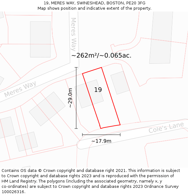 19, MERES WAY, SWINESHEAD, BOSTON, PE20 3FG: Plot and title map