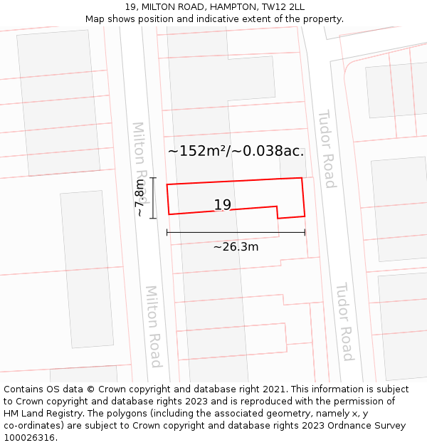 19, MILTON ROAD, HAMPTON, TW12 2LL: Plot and title map