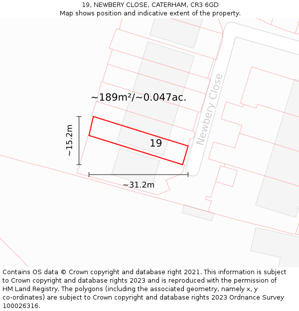 19, NEWBERY CLOSE, CATERHAM, CR3 6GD: Plot and title map