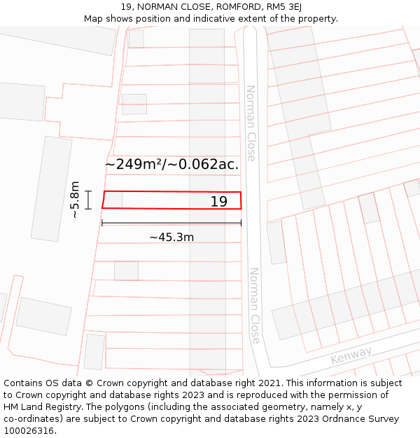19, NORMAN CLOSE, ROMFORD, RM5 3EJ: Plot and title map