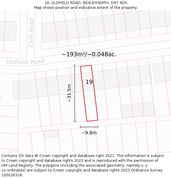 19, OLDFIELD ROAD, BEXLEYHEATH, DA7 4DX: Plot and title map