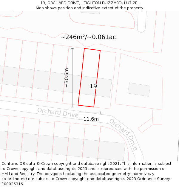 19, ORCHARD DRIVE, LEIGHTON BUZZARD, LU7 2PL: Plot and title map