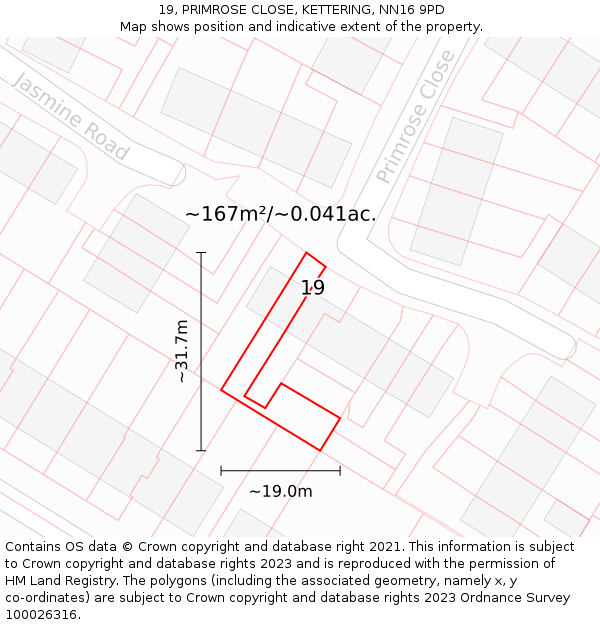 19, PRIMROSE CLOSE, KETTERING, NN16 9PD: Plot and title map
