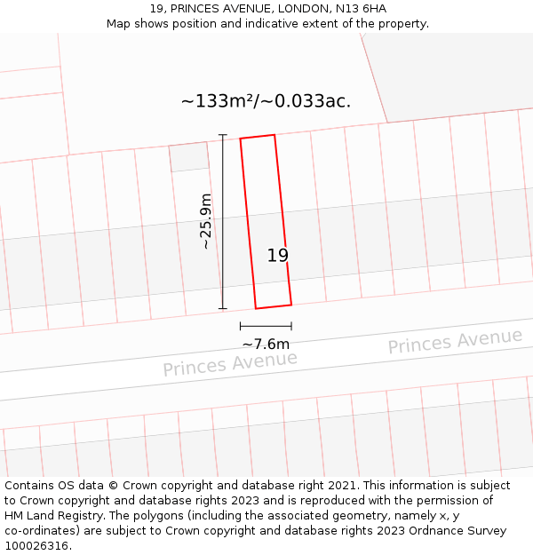 19, PRINCES AVENUE, LONDON, N13 6HA: Plot and title map