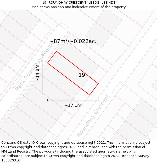 19, ROUNDHAY CRESCENT, LEEDS, LS8 4DT: Plot and title map