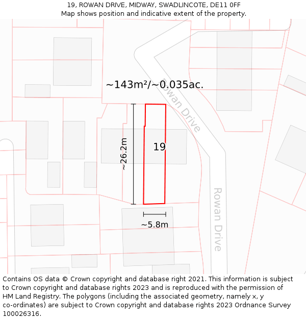 19, ROWAN DRIVE, MIDWAY, SWADLINCOTE, DE11 0FF: Plot and title map