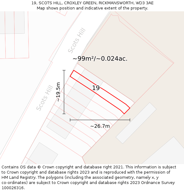 19, SCOTS HILL, CROXLEY GREEN, RICKMANSWORTH, WD3 3AE: Plot and title map