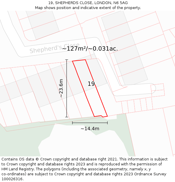 19, SHEPHERDS CLOSE, LONDON, N6 5AG: Plot and title map