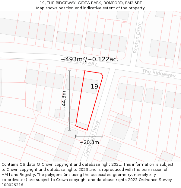 19, THE RIDGEWAY, GIDEA PARK, ROMFORD, RM2 5BT: Plot and title map