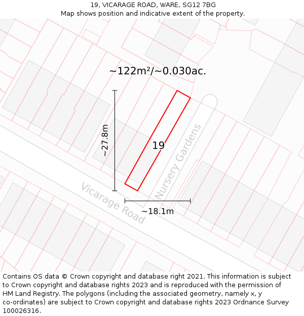 19, VICARAGE ROAD, WARE, SG12 7BG: Plot and title map
