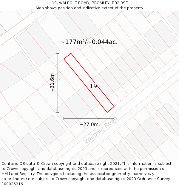 19, WALPOLE ROAD, BROMLEY, BR2 9SE: Plot and title map