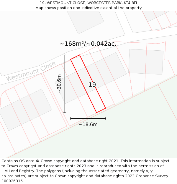 19, WESTMOUNT CLOSE, WORCESTER PARK, KT4 8FL: Plot and title map