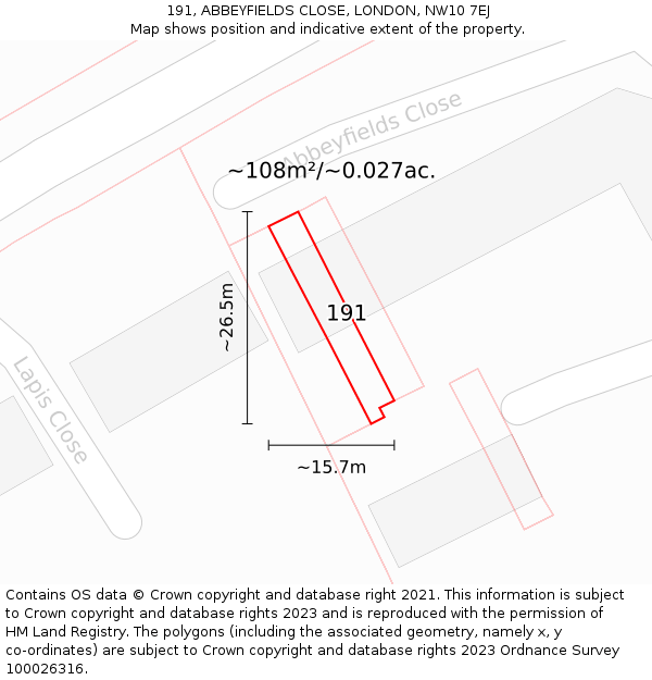 191, ABBEYFIELDS CLOSE, LONDON, NW10 7EJ: Plot and title map
