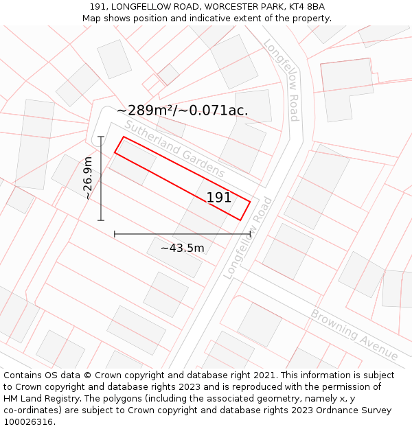 191, LONGFELLOW ROAD, WORCESTER PARK, KT4 8BA: Plot and title map