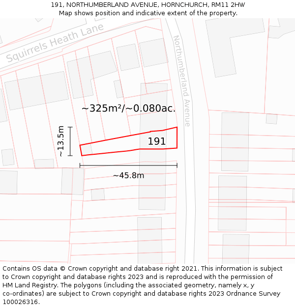 191, NORTHUMBERLAND AVENUE, HORNCHURCH, RM11 2HW: Plot and title map
