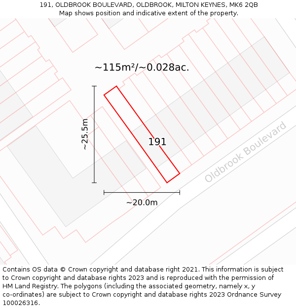 191, OLDBROOK BOULEVARD, OLDBROOK, MILTON KEYNES, MK6 2QB: Plot and title map