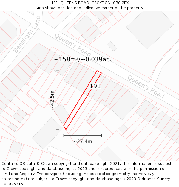 191, QUEENS ROAD, CROYDON, CR0 2PX: Plot and title map