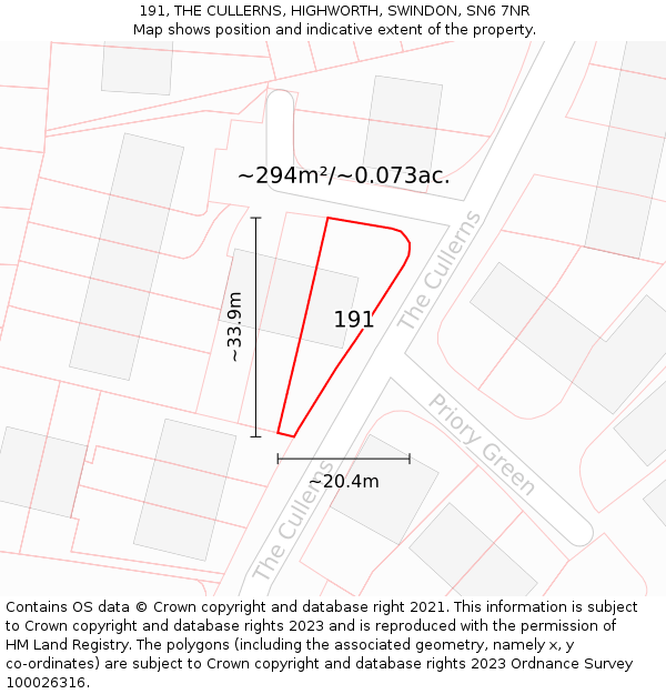 191, THE CULLERNS, HIGHWORTH, SWINDON, SN6 7NR: Plot and title map