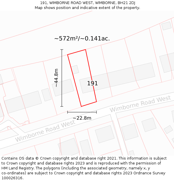 191, WIMBORNE ROAD WEST, WIMBORNE, BH21 2DJ: Plot and title map