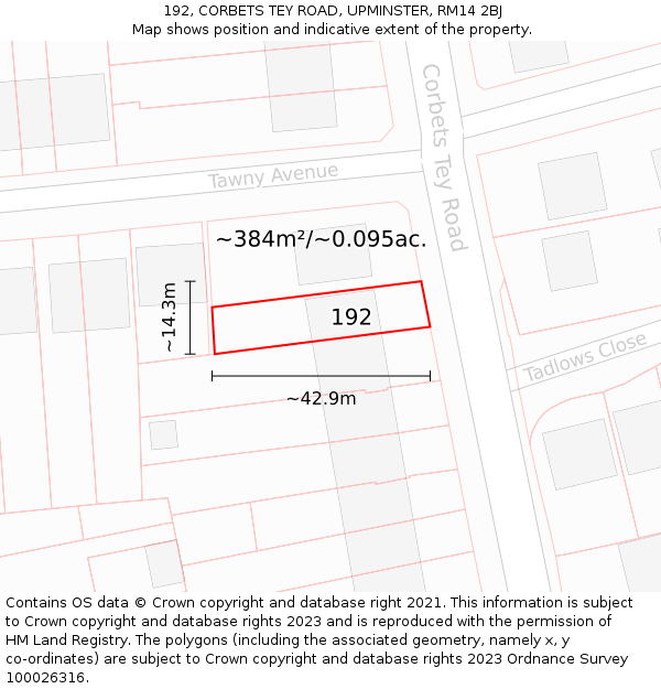 192, CORBETS TEY ROAD, UPMINSTER, RM14 2BJ: Plot and title map