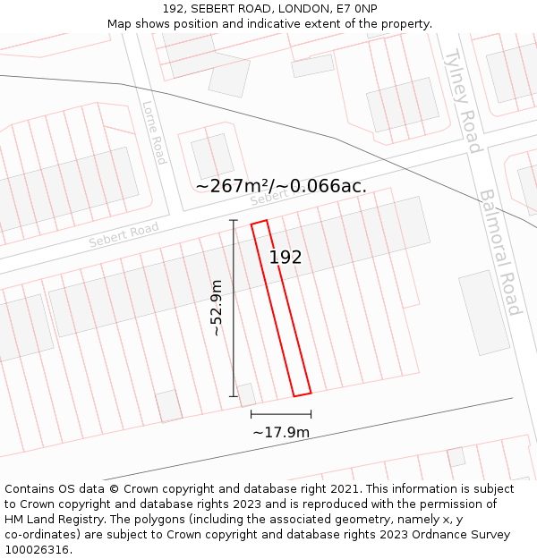 192, SEBERT ROAD, LONDON, E7 0NP: Plot and title map