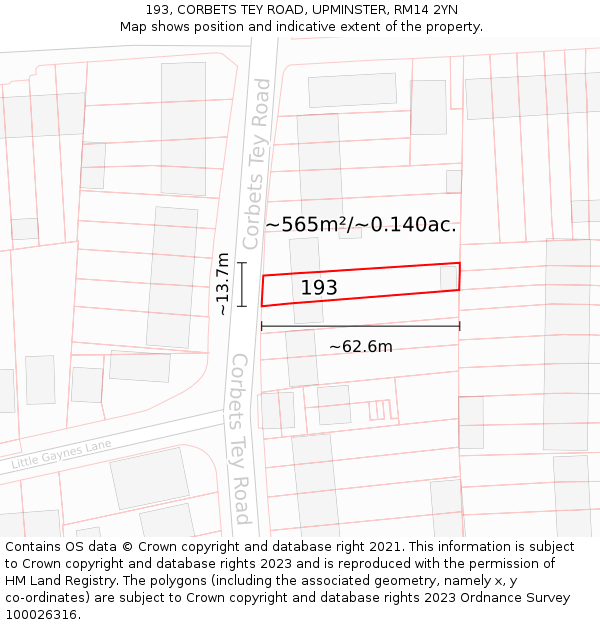 193, CORBETS TEY ROAD, UPMINSTER, RM14 2YN: Plot and title map