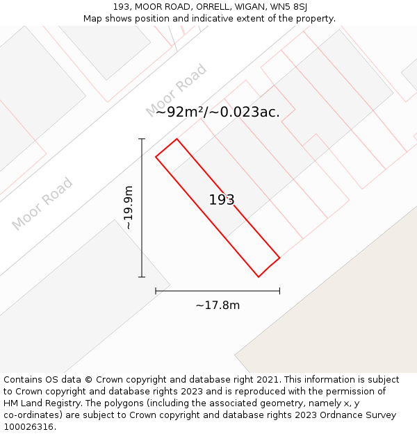 193, MOOR ROAD, ORRELL, WIGAN, WN5 8SJ: Plot and title map