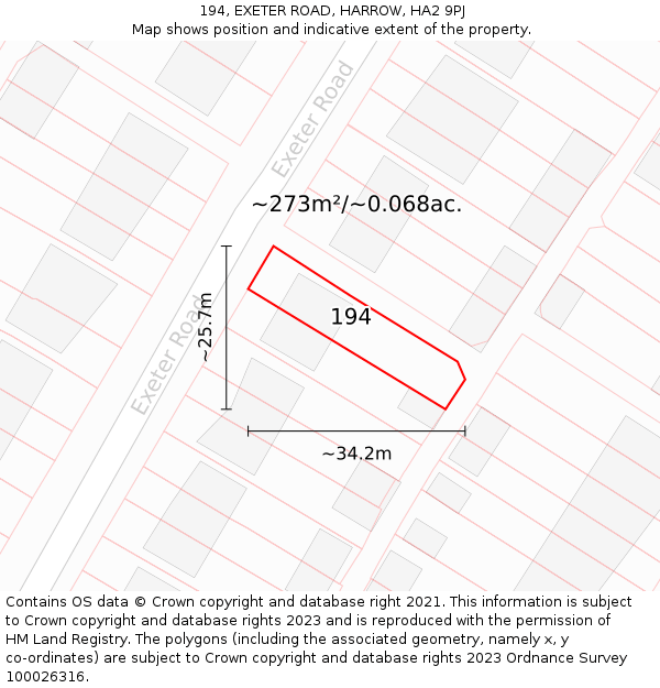 194, EXETER ROAD, HARROW, HA2 9PJ: Plot and title map
