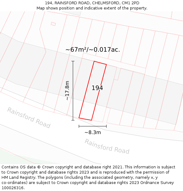 194, RAINSFORD ROAD, CHELMSFORD, CM1 2PD: Plot and title map