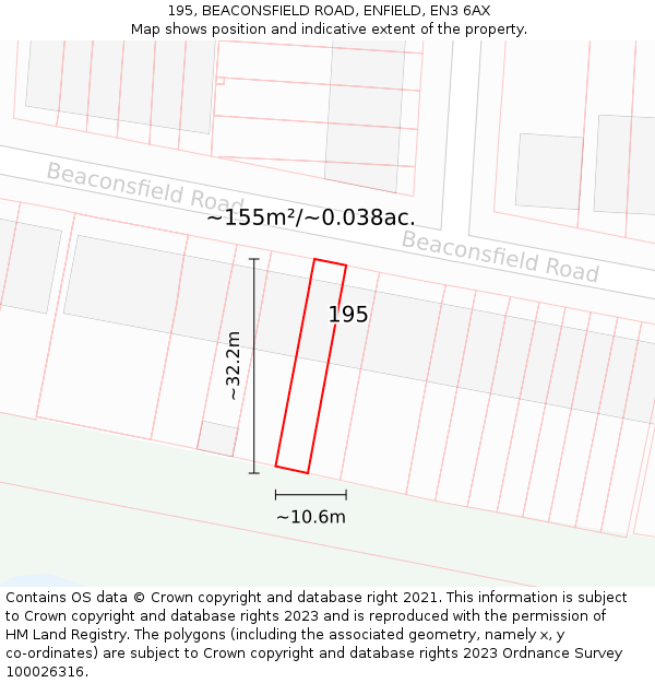 195, BEACONSFIELD ROAD, ENFIELD, EN3 6AX: Plot and title map