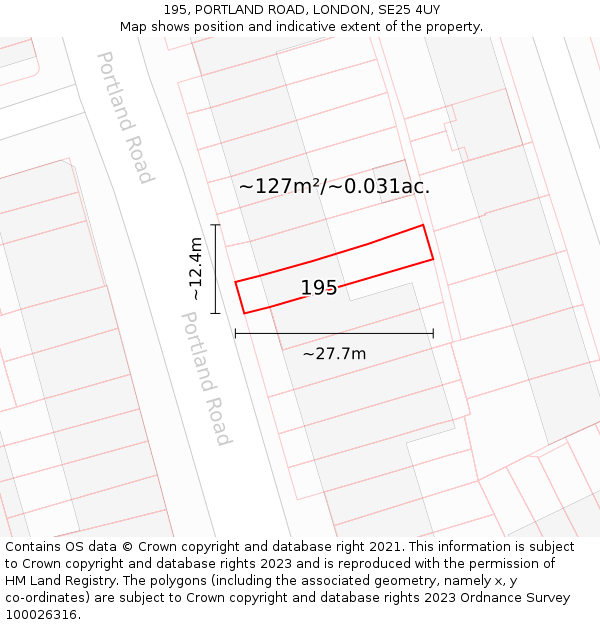 195, PORTLAND ROAD, LONDON, SE25 4UY: Plot and title map