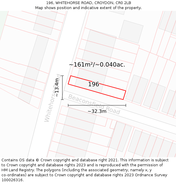 196, WHITEHORSE ROAD, CROYDON, CR0 2LB: Plot and title map