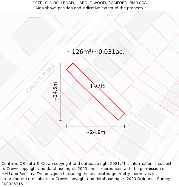 197B, CHURCH ROAD, HAROLD WOOD, ROMFORD, RM3 0SA: Plot and title map