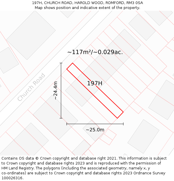 197H, CHURCH ROAD, HAROLD WOOD, ROMFORD, RM3 0SA: Plot and title map