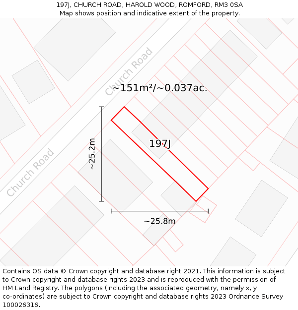 197J, CHURCH ROAD, HAROLD WOOD, ROMFORD, RM3 0SA: Plot and title map