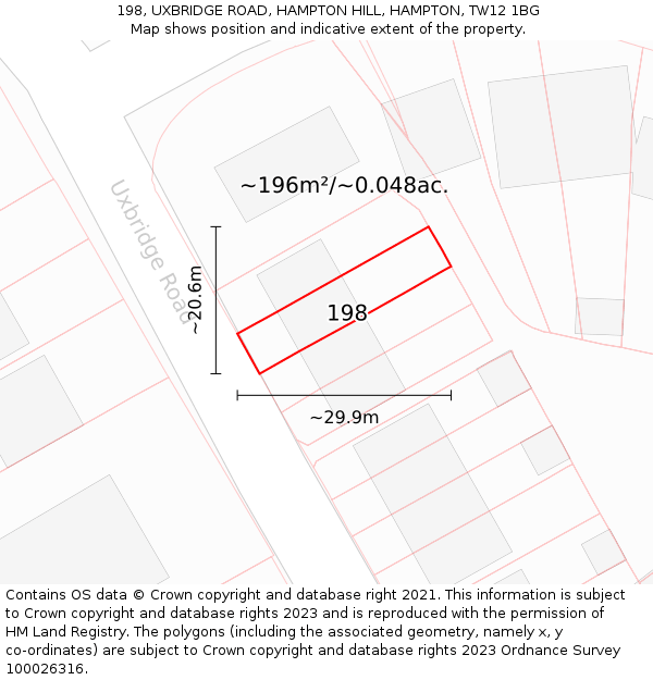198, UXBRIDGE ROAD, HAMPTON HILL, HAMPTON, TW12 1BG: Plot and title map