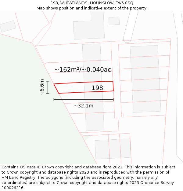 198, WHEATLANDS, HOUNSLOW, TW5 0SQ: Plot and title map