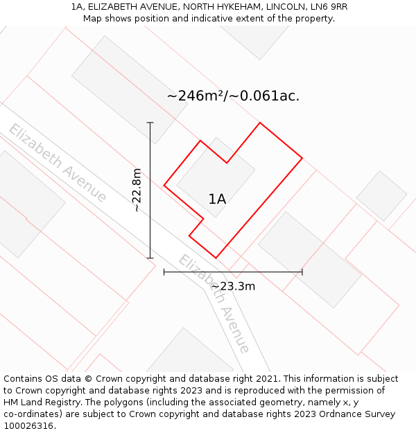 1A, ELIZABETH AVENUE, NORTH HYKEHAM, LINCOLN, LN6 9RR: Plot and title map