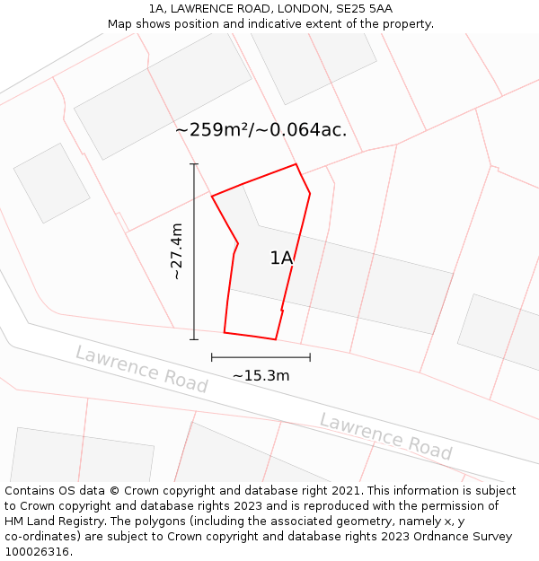 1A, LAWRENCE ROAD, LONDON, SE25 5AA: Plot and title map
