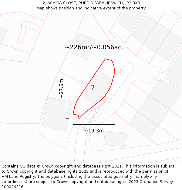 2, ACACIA CLOSE, PURDIS FARM, IPSWICH, IP3 8XB: Plot and title map