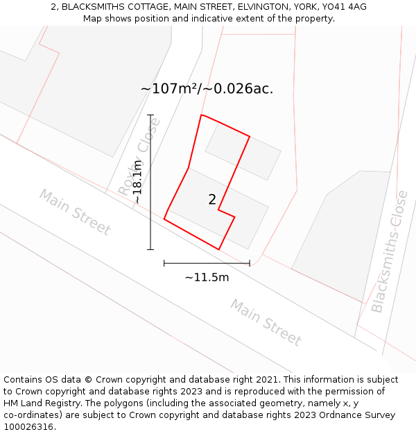 2, BLACKSMITHS COTTAGE, MAIN STREET, ELVINGTON, YORK, YO41 4AG: Plot and title map