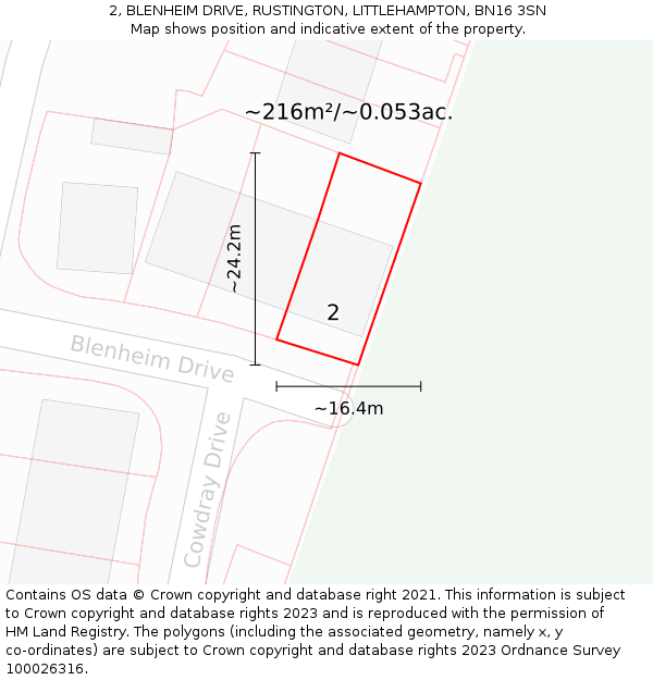 2, BLENHEIM DRIVE, RUSTINGTON, LITTLEHAMPTON, BN16 3SN: Plot and title map