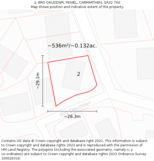2, BRO DAUDDWR, PENIEL, CARMARTHEN, SA32 7AS: Plot and title map