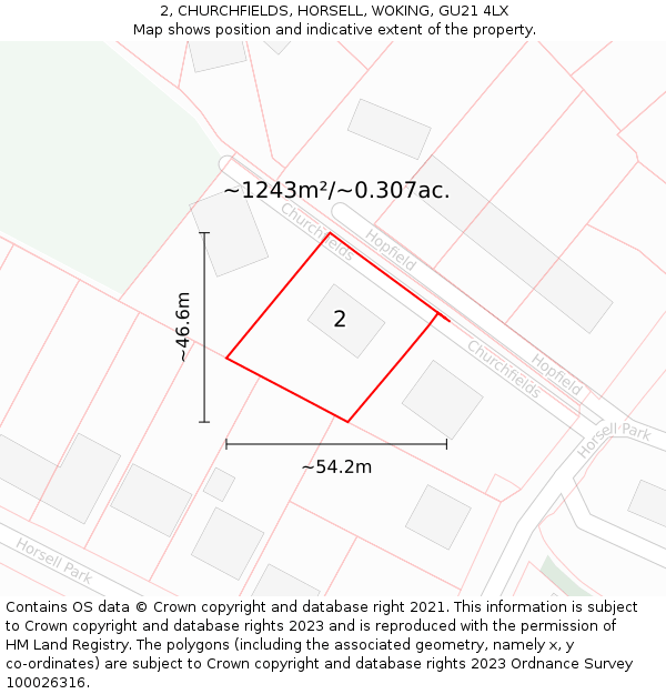 2, CHURCHFIELDS, HORSELL, WOKING, GU21 4LX: Plot and title map