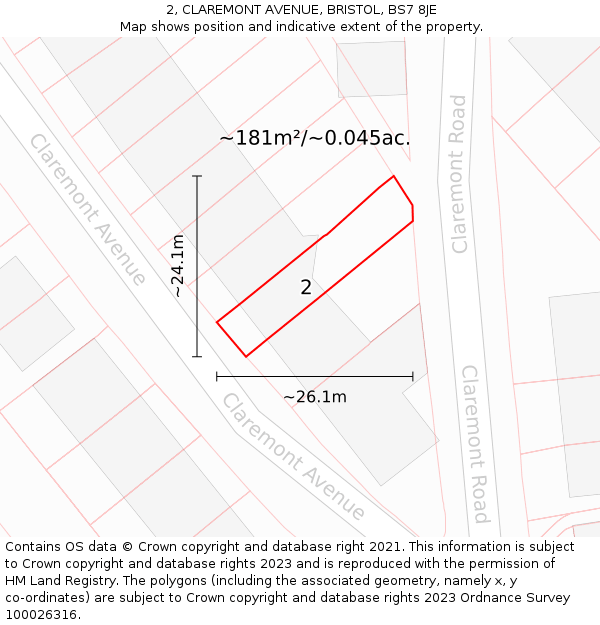 2, CLAREMONT AVENUE, BRISTOL, BS7 8JE: Plot and title map