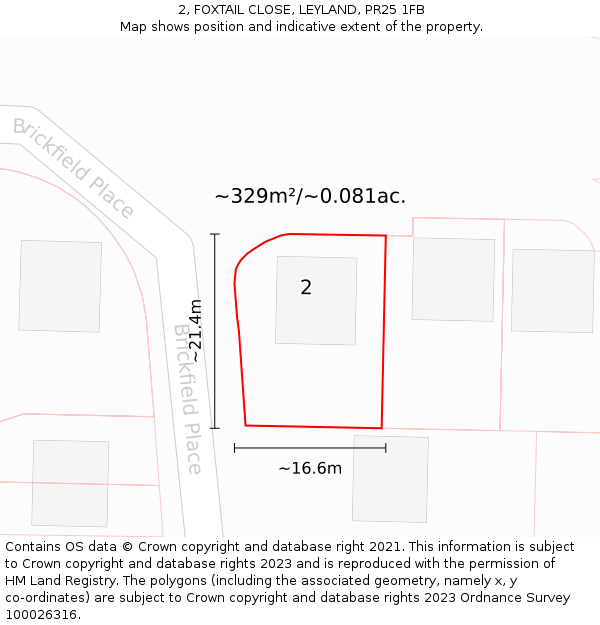 2, FOXTAIL CLOSE, LEYLAND, PR25 1FB: Plot and title map