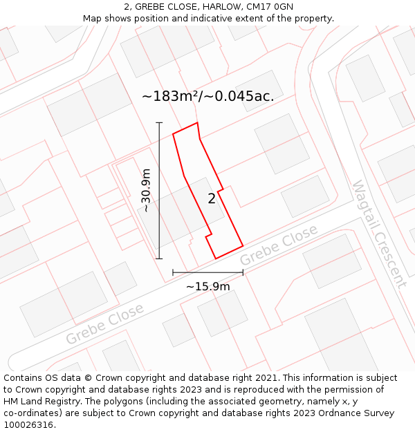 2, GREBE CLOSE, HARLOW, CM17 0GN: Plot and title map